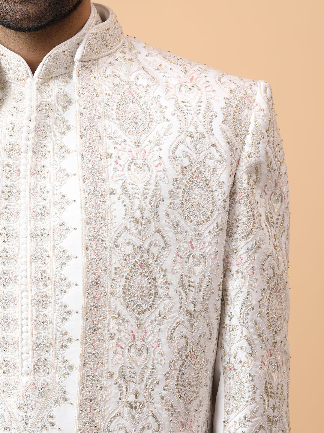 Ravishing Ivory Front Open Embellished Groom Sherwani with Embroideried Kurta