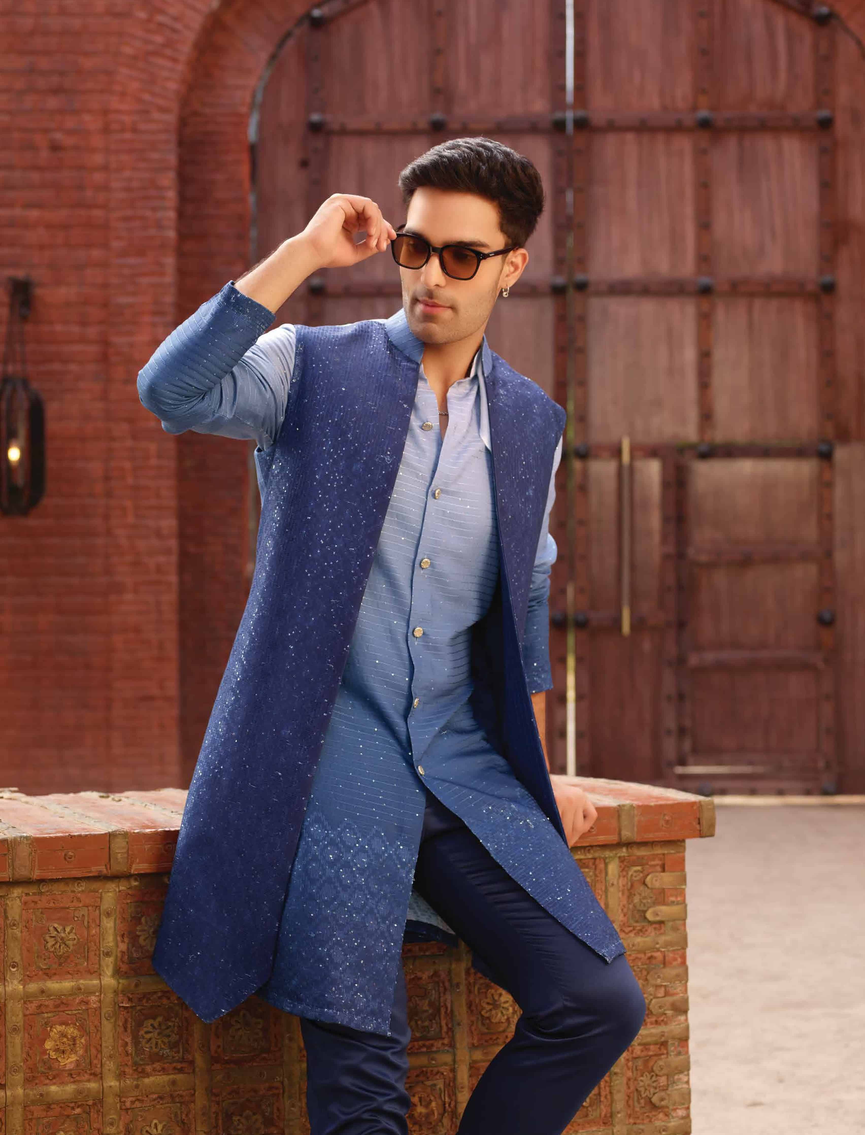 Royal Blue Embellished Indo With Shaded Open Jacket