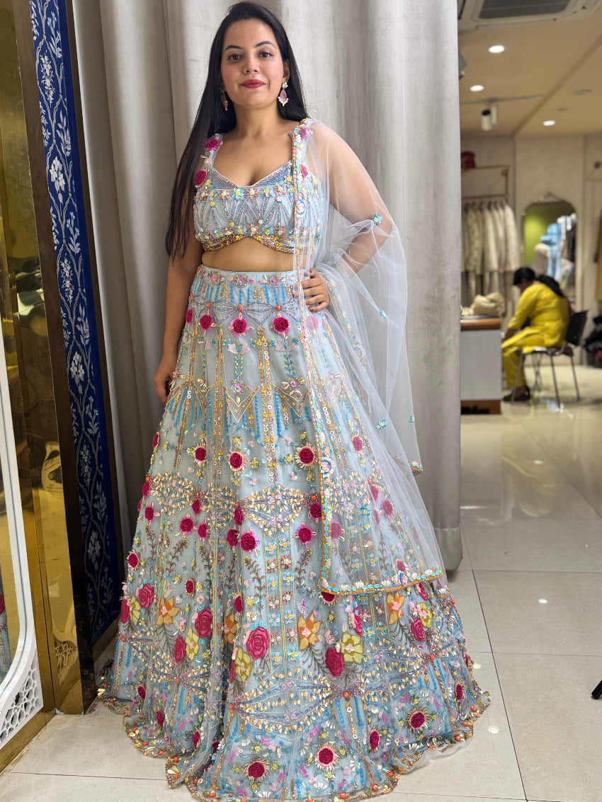 Sky Blue multi color 3Dflower heavy designer lehenga