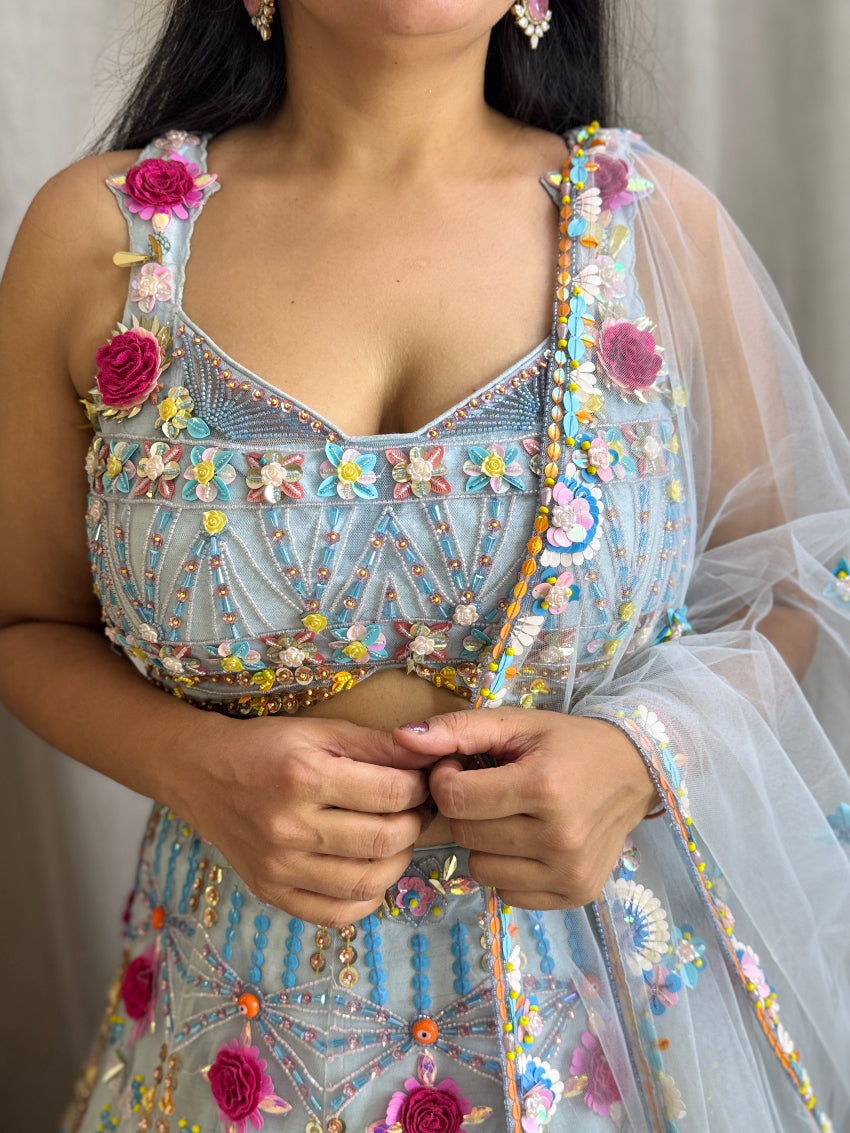 Sky Blue multi color 3Dflower heavy designer lehenga