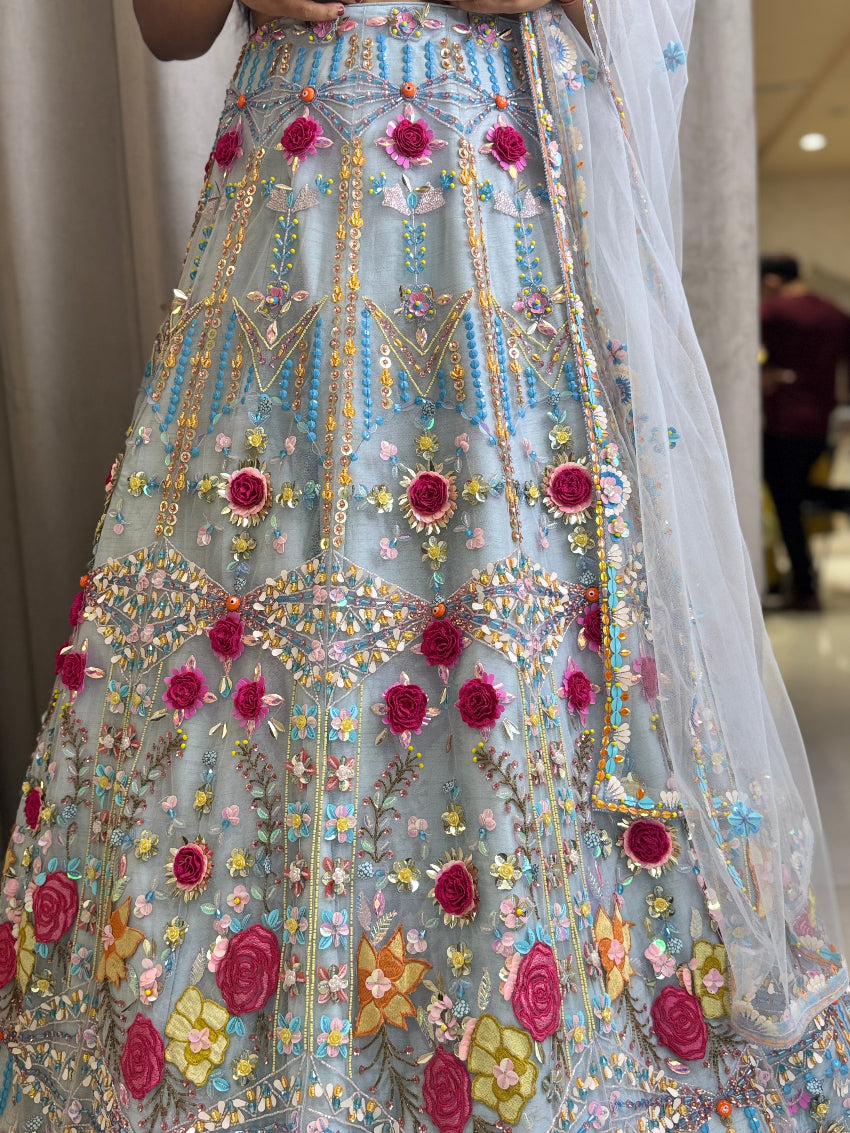 Sky Blue multi color 3Dflower heavy designer lehenga