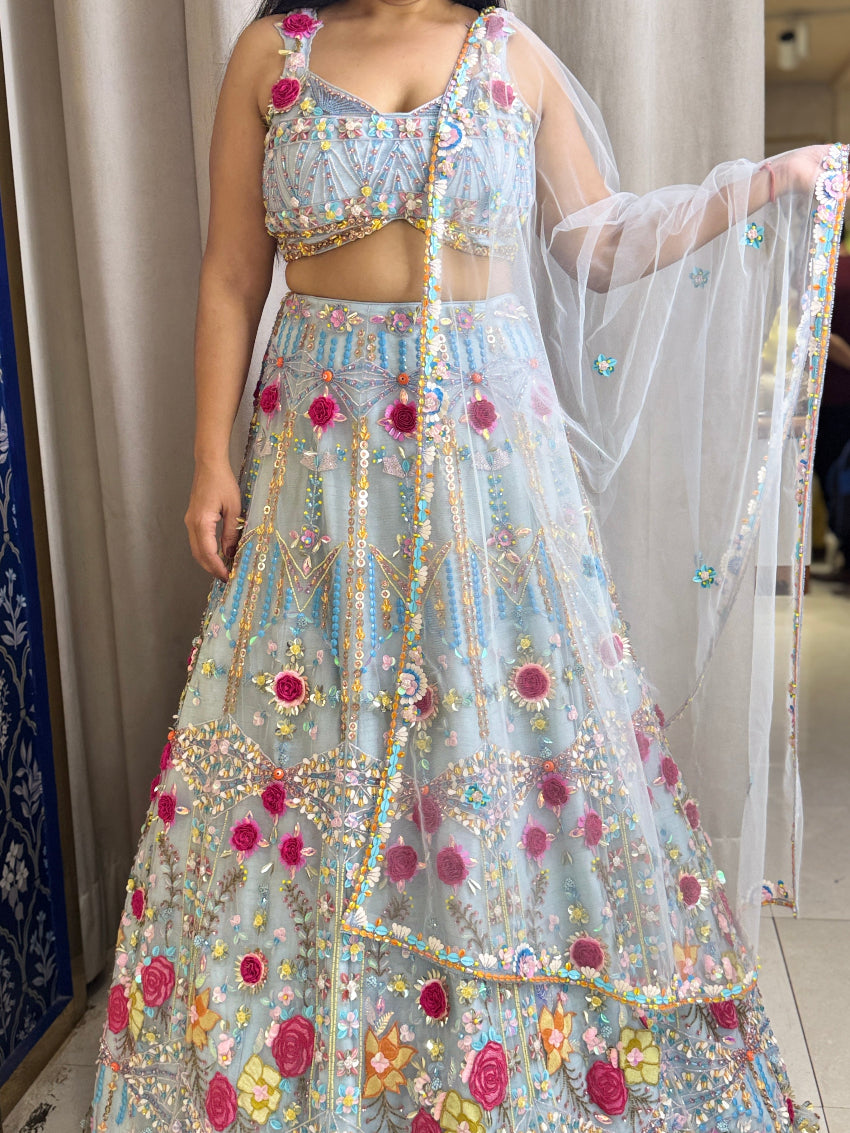 Sky Blue multi color 3Dflower heavy designer lehenga