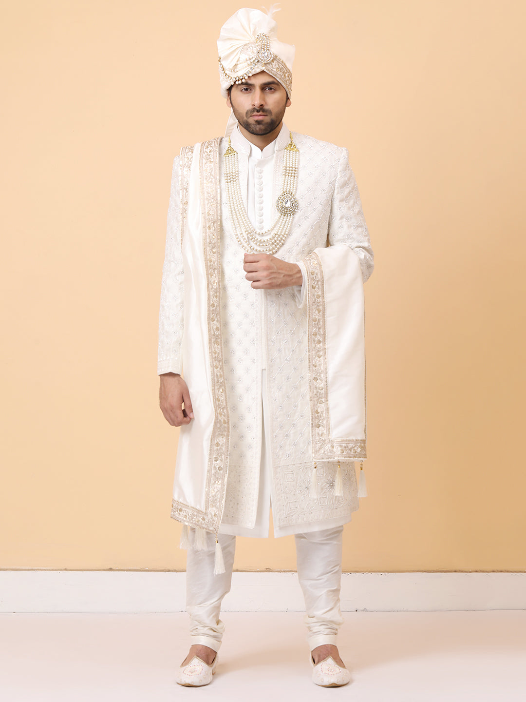 Subtle Front Open Ivory Pearl Resham Groom Sherwani with Kurta
