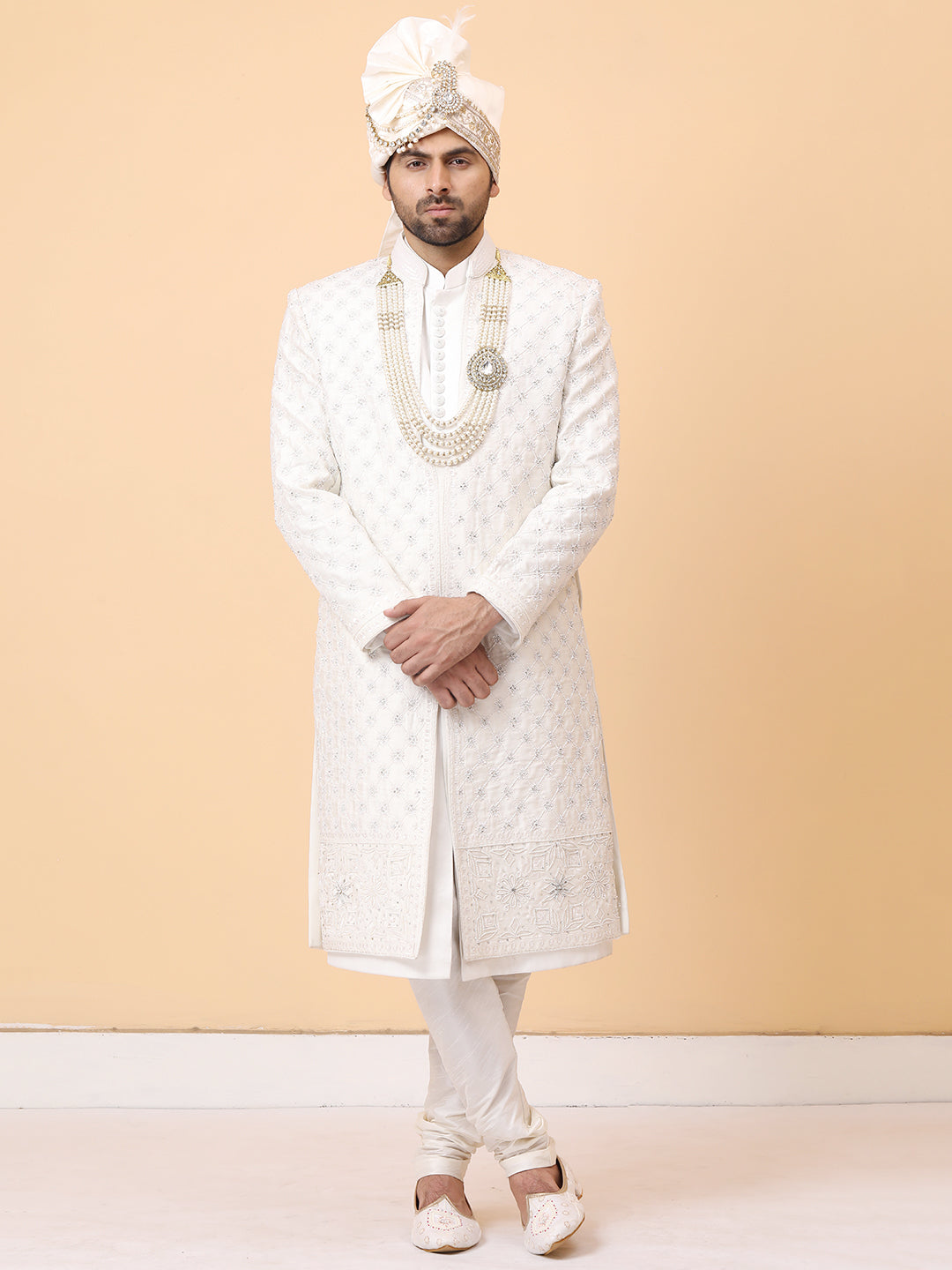 Subtle Front Open Ivory Pearl Resham Groom Sherwani with Kurta