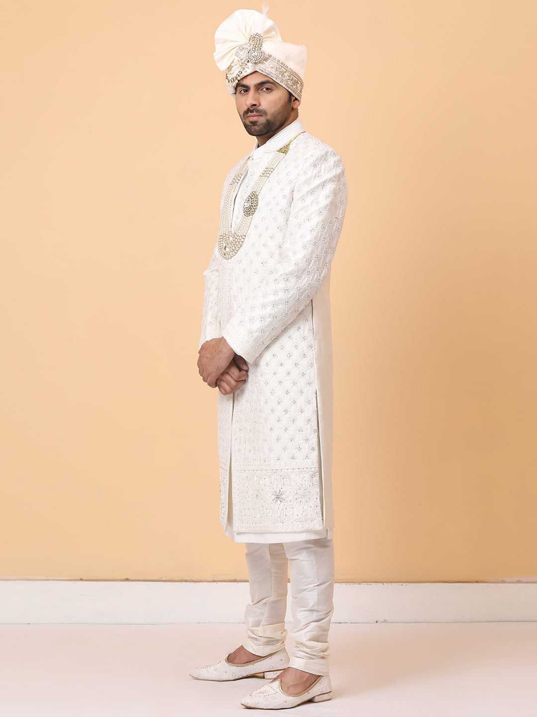 Subtle Front Open Ivory Pearl Resham Groom Sherwani with Kurta