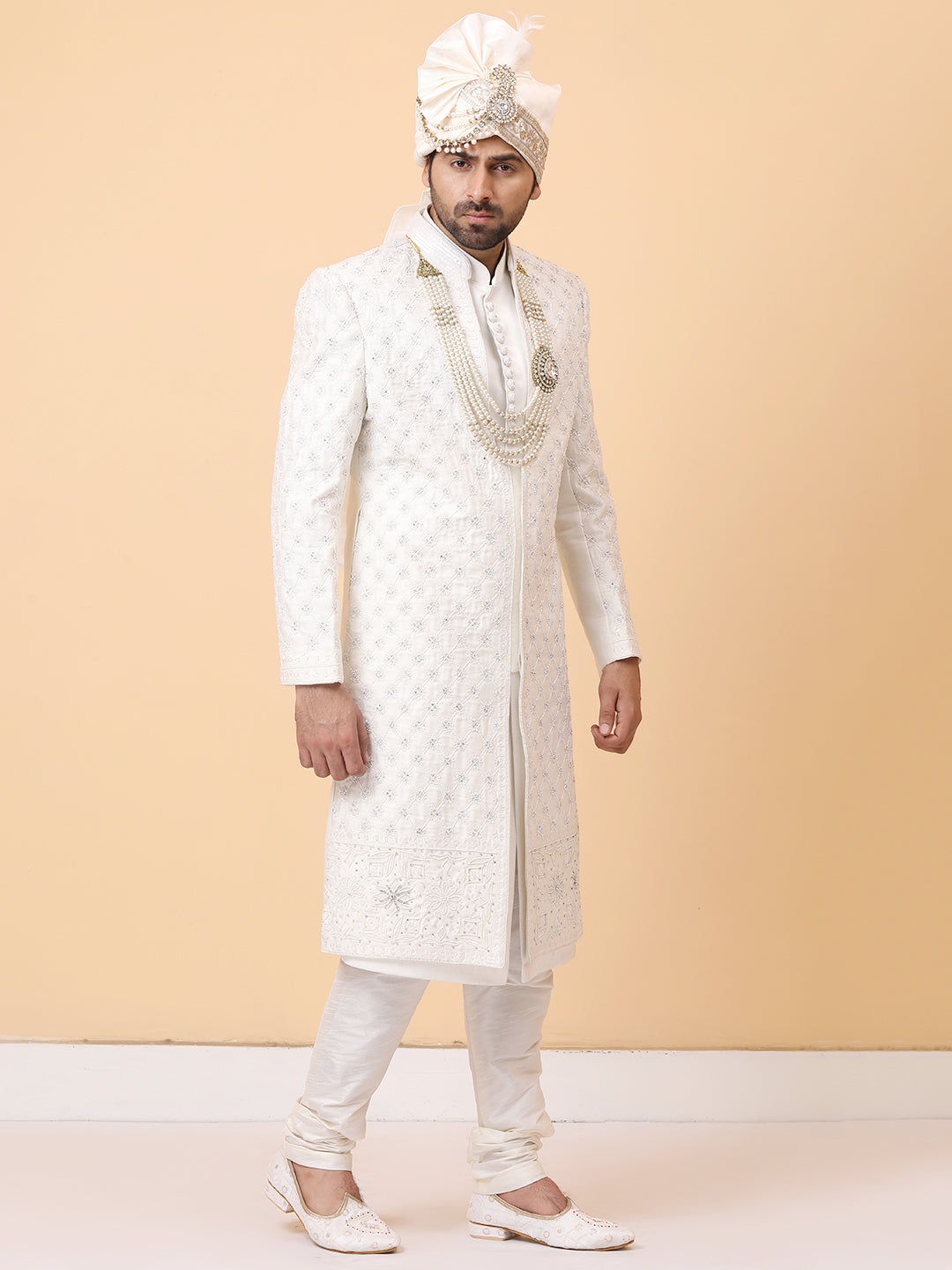 Subtle Front Open Ivory Pearl Resham Groom Sherwani with Kurta