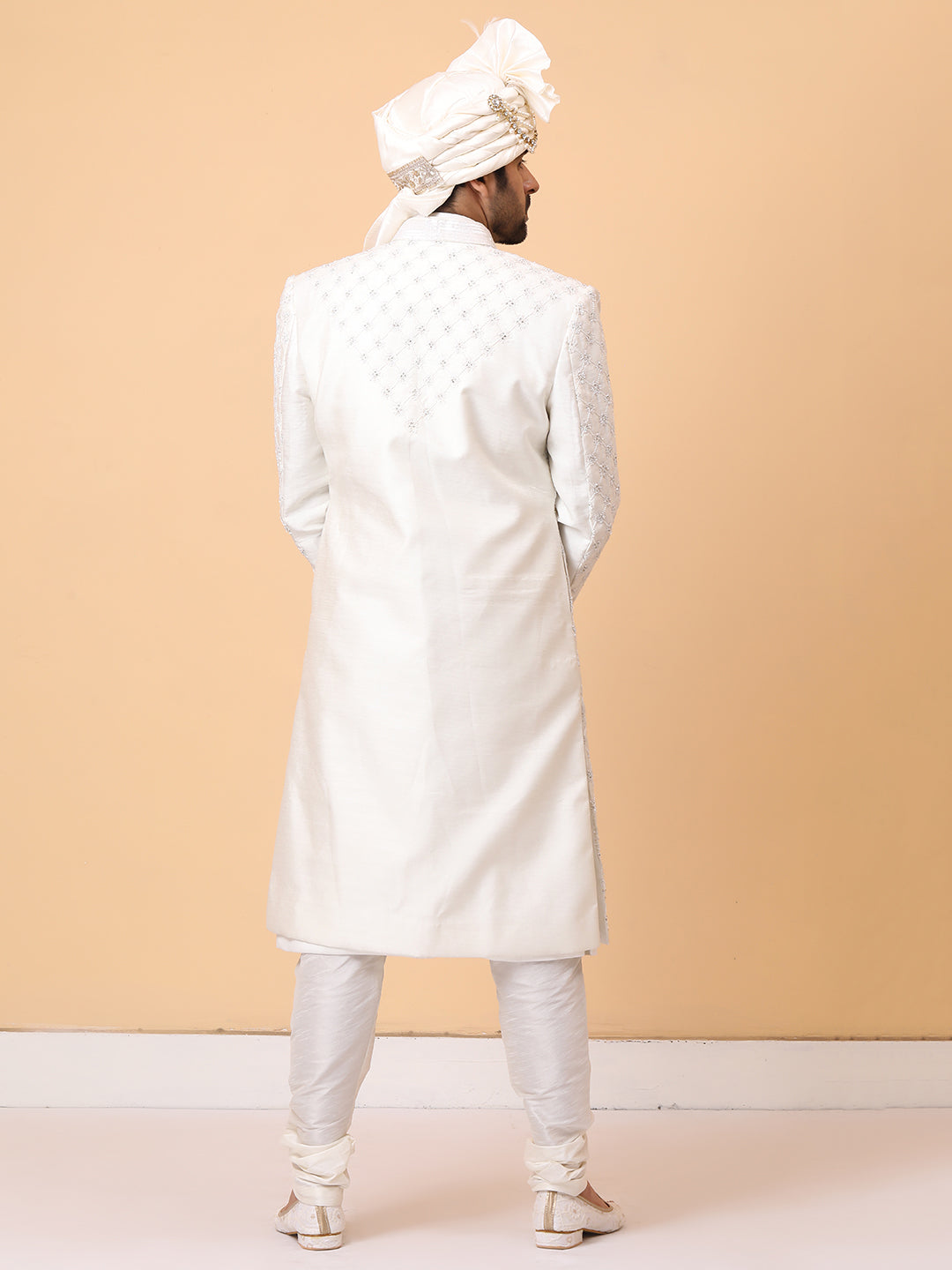 Subtle Front Open Ivory Pearl Resham Groom Sherwani with Kurta