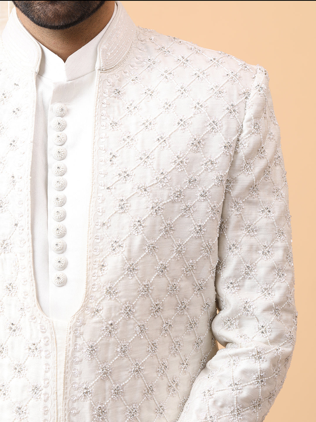 Subtle Front Open Ivory Pearl Resham Groom Sherwani with Kurta