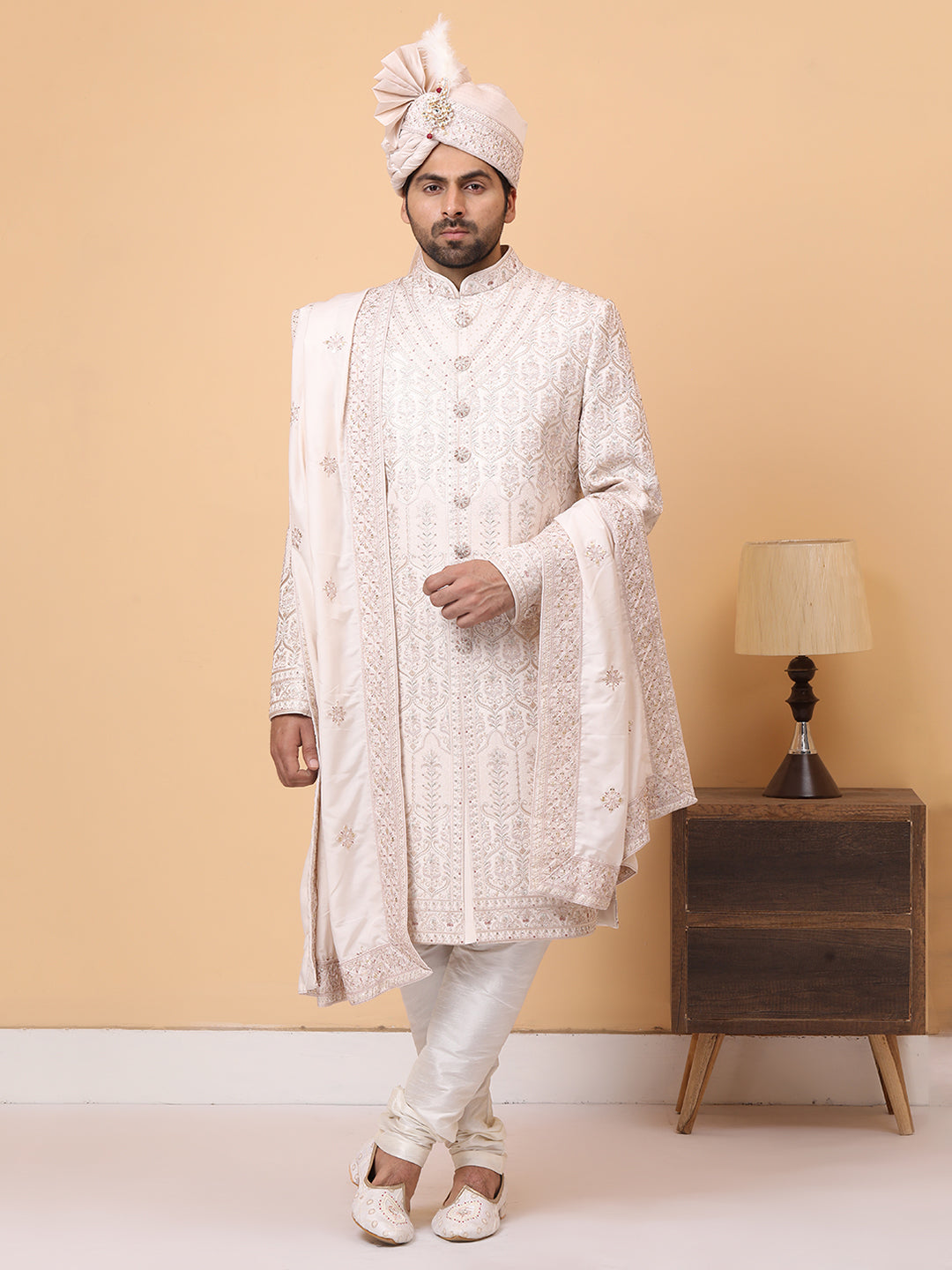 Subtle Ivory Neck Embroideried Groom Sherwani