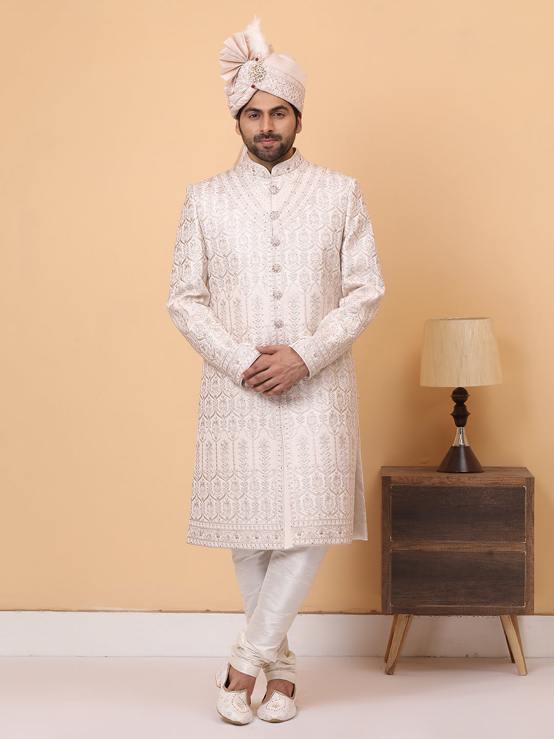 Subtle Ivory Neck Embroideried Groom Sherwani