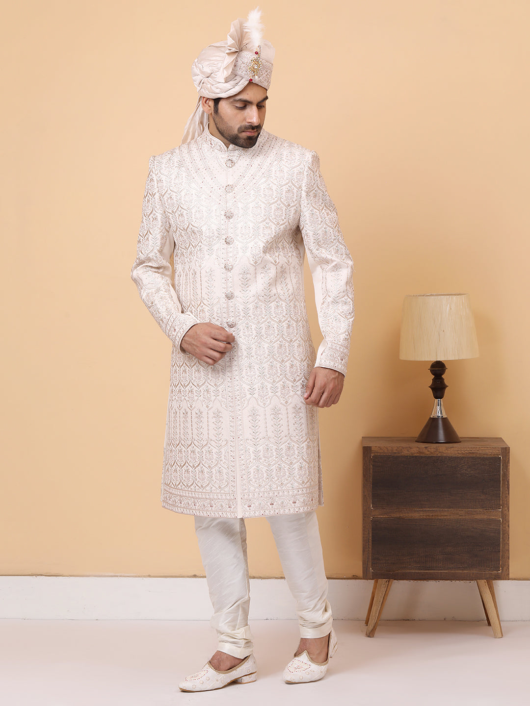 Subtle Ivory Neck Embroideried Groom Sherwani