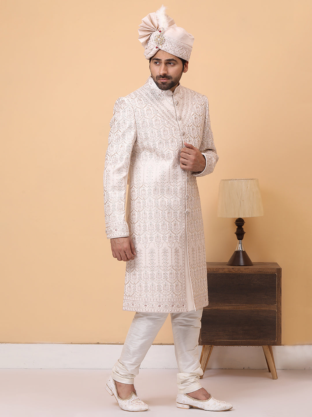 Subtle Ivory Neck Embroideried Groom Sherwani