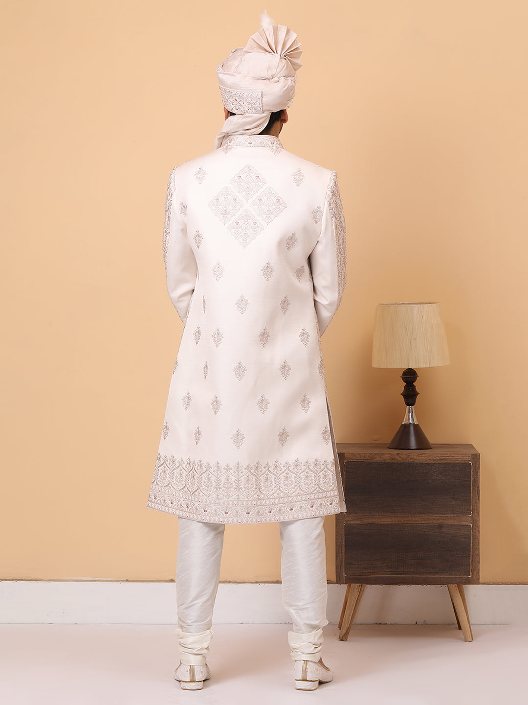 Subtle Ivory Neck Embroideried Groom Sherwani