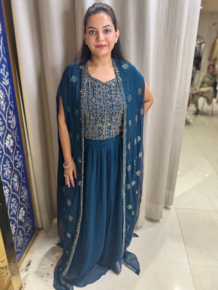 Teal Blue mirror work Indo Western with cape and skirt