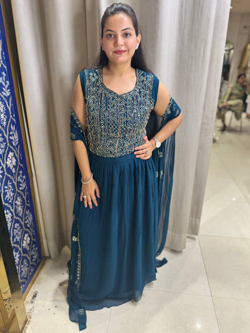 Teal Blue mirror work Indo Western with cape and skirt