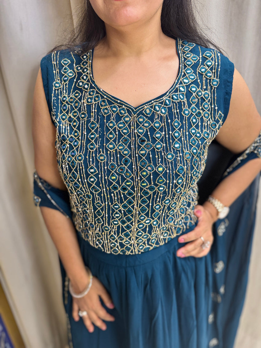 Teal Blue mirror work Indo Western with cape and skirt