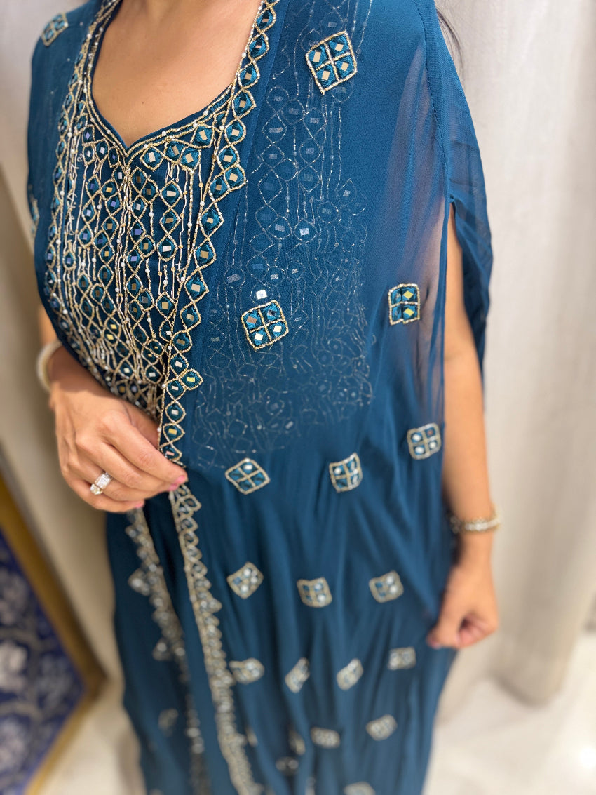 Teal Blue mirror work Indo Western with cape and skirt