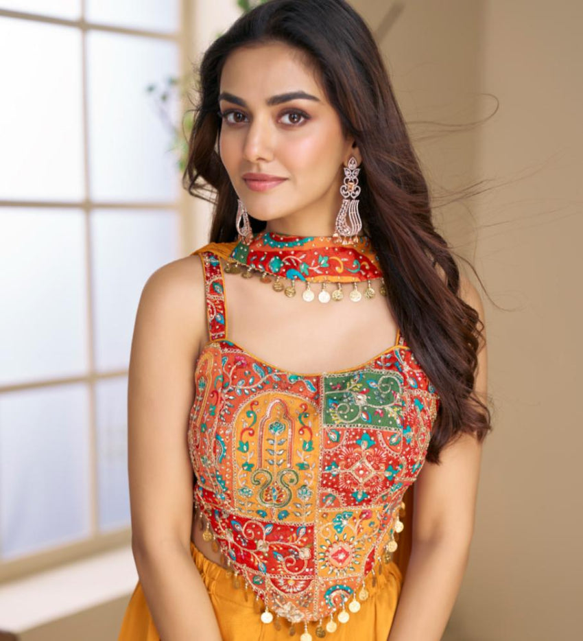 Woman wearing a colorful traditional outfit with intricate patterns