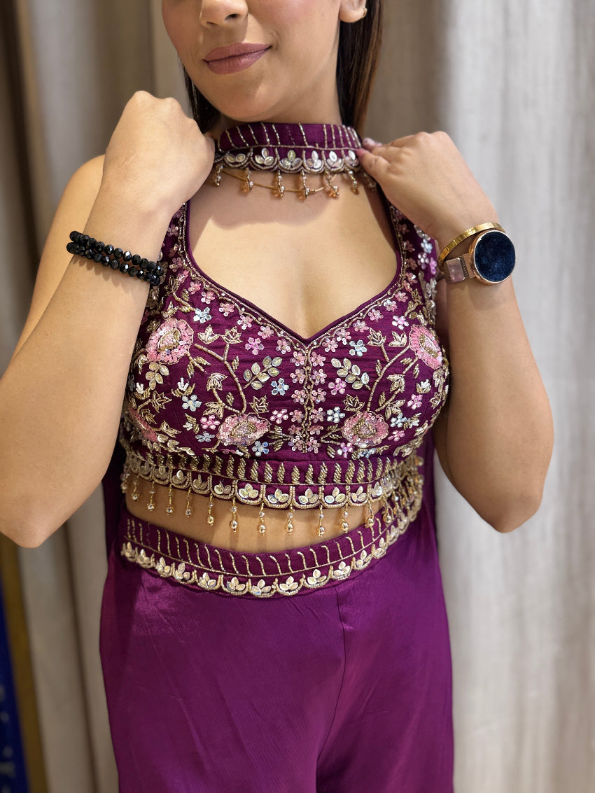 Wine Indo Western Sharara dress with Neck line dupatta