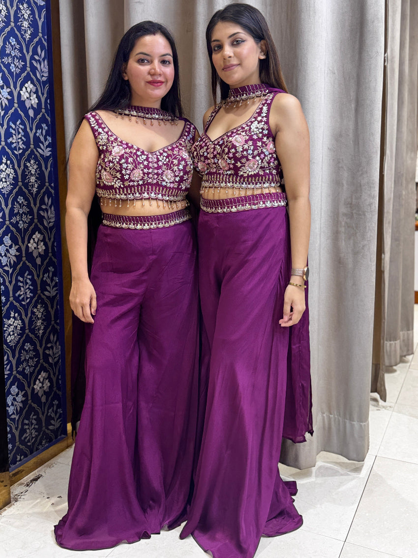 Wine Indo Western Sharara dress with Neck line dupatta