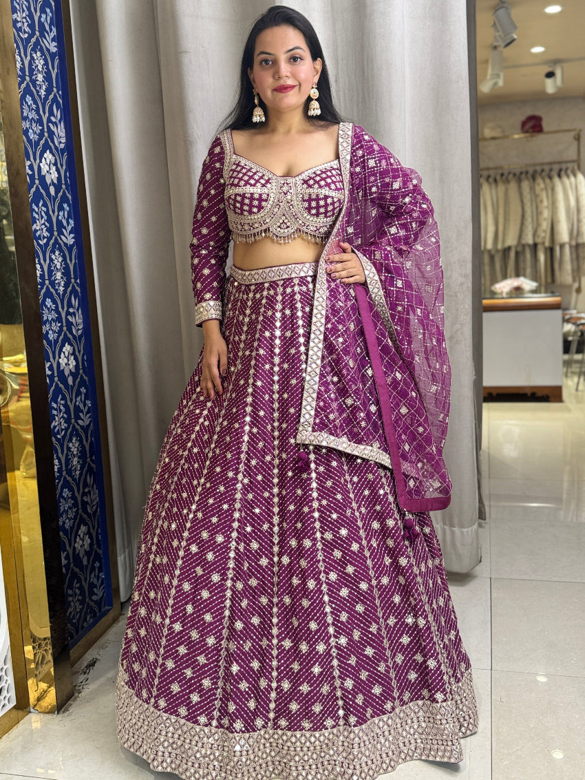 Wine lehenga with mirror sequins and zari work
