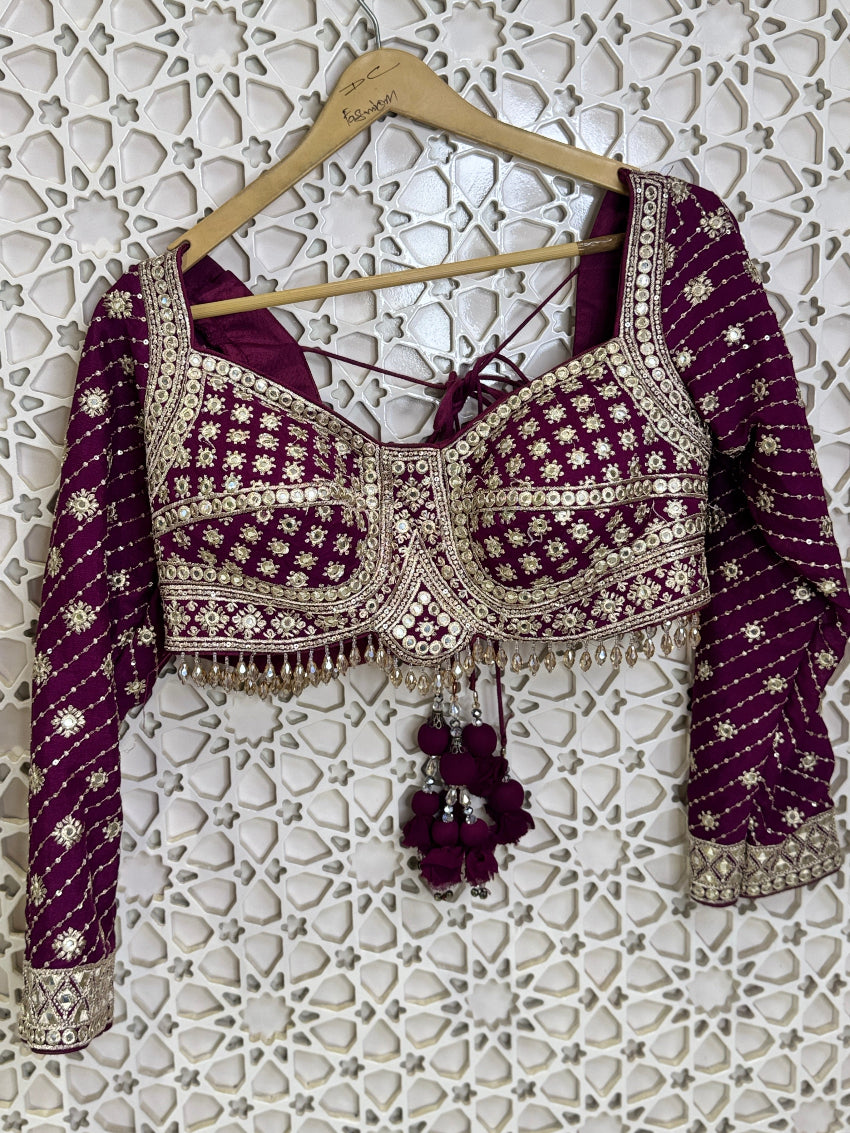 Wine lehenga with mirror sequins and zari work