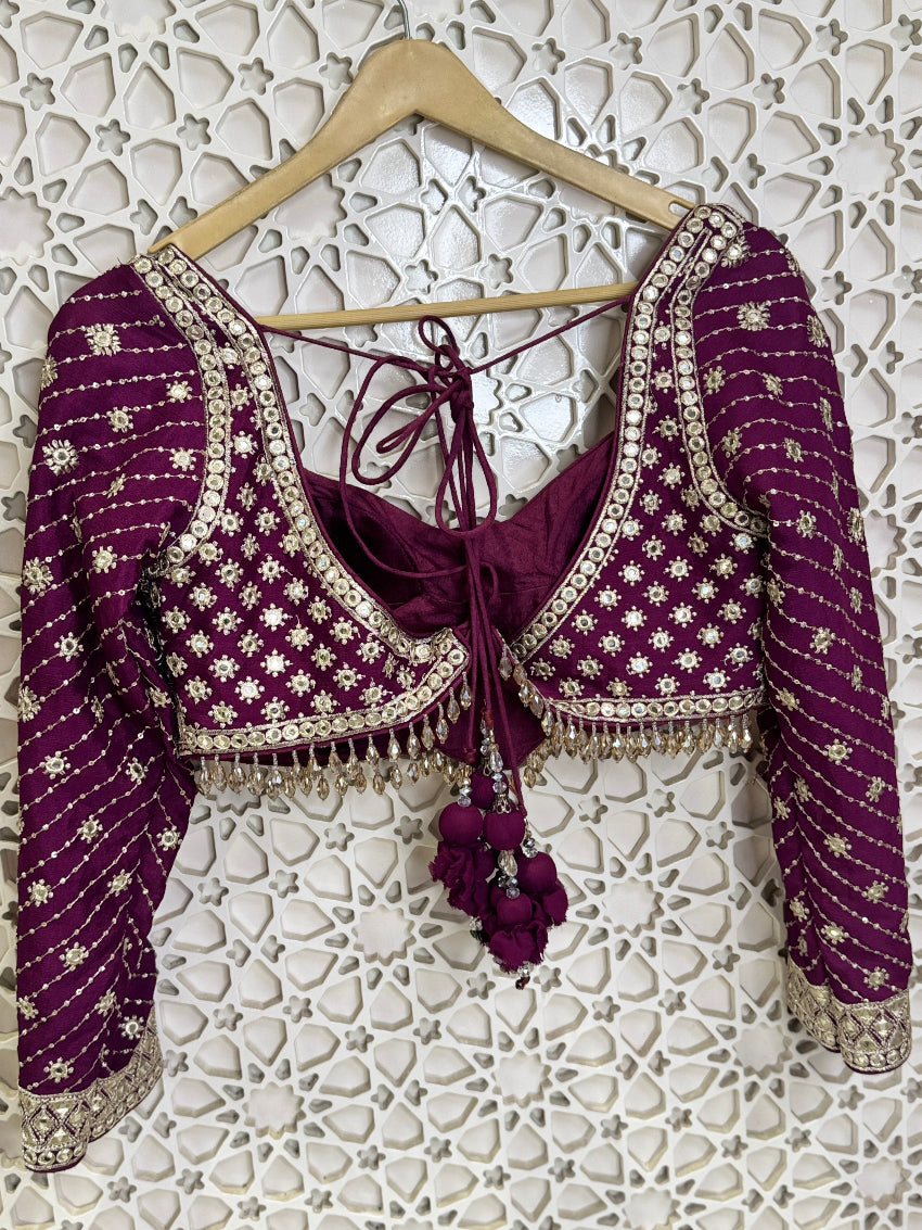 Wine lehenga with mirror sequins and zari work
