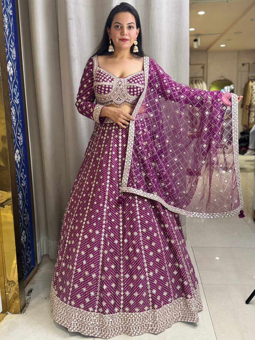 Wine lehenga with mirror sequins and zari work