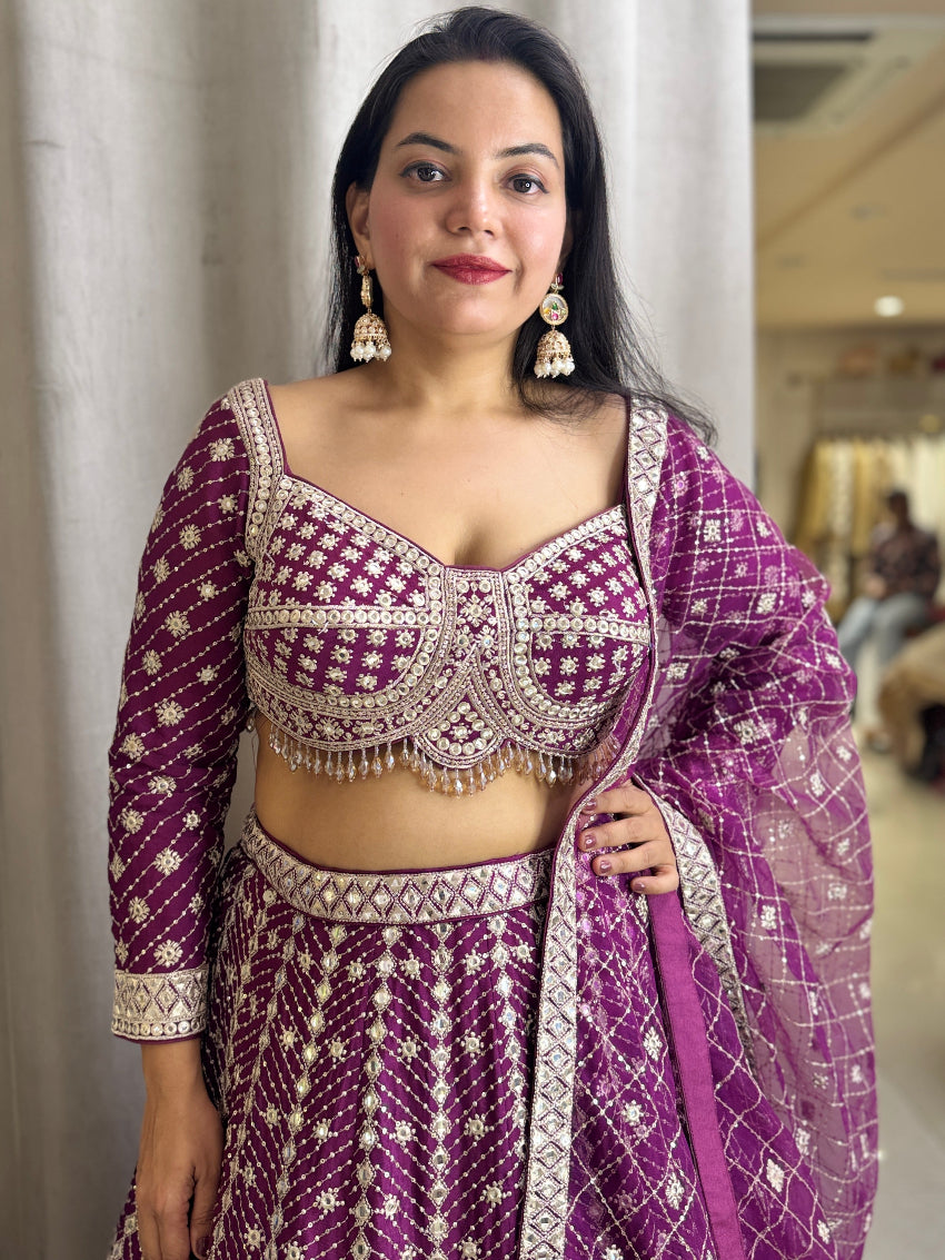Wine lehenga with mirror sequins and zari work