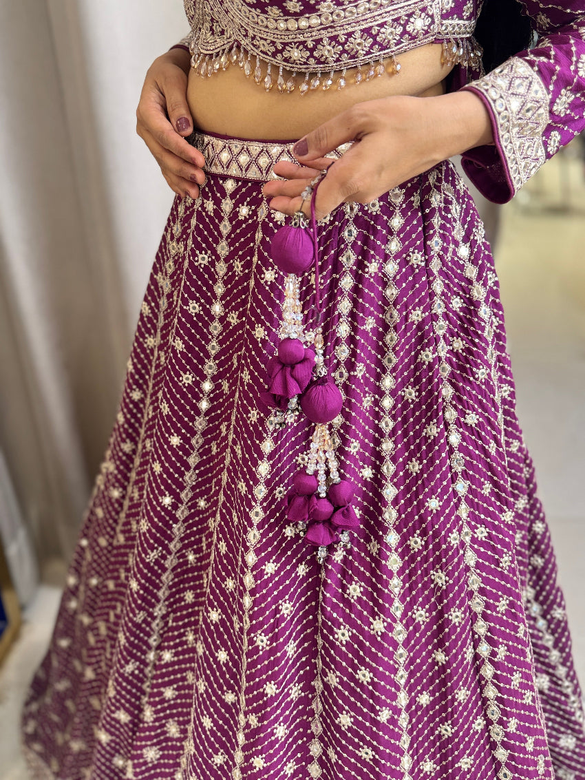 Wine lehenga with mirror sequins and zari work