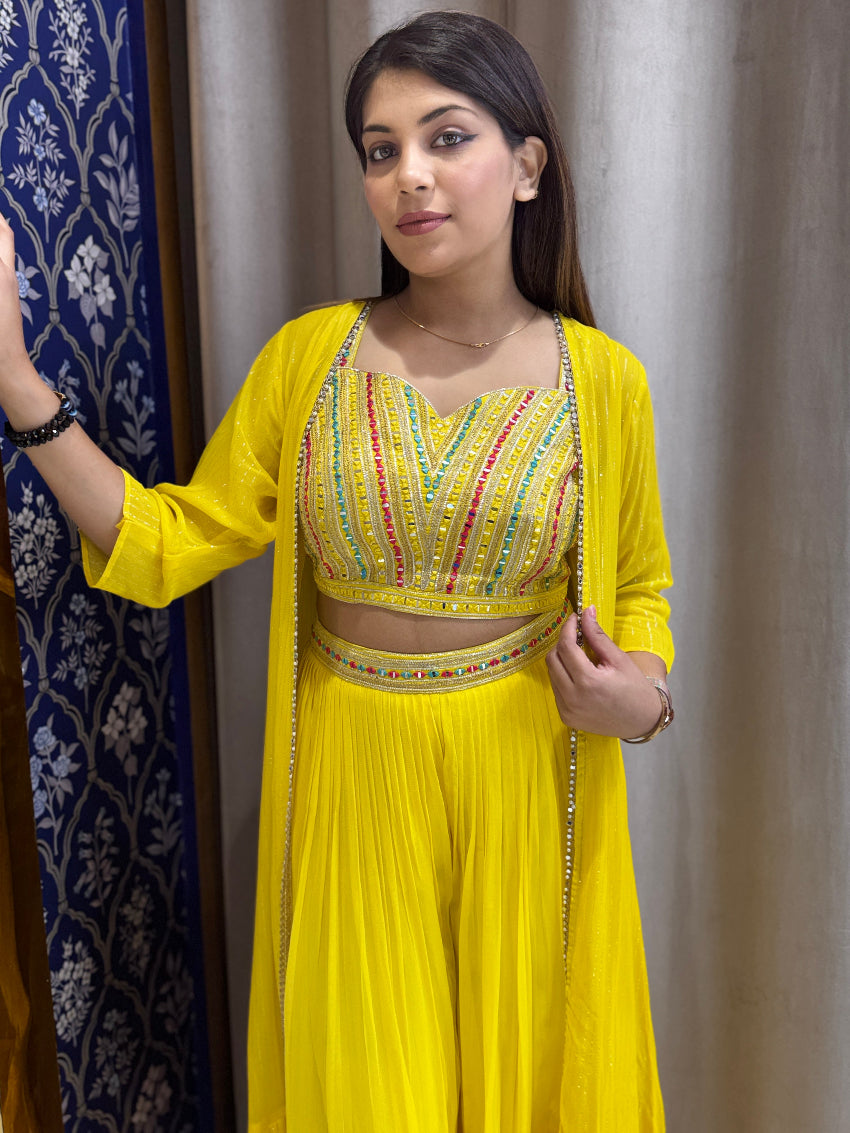 Yellow Indo Western dress with embroidered bustier
