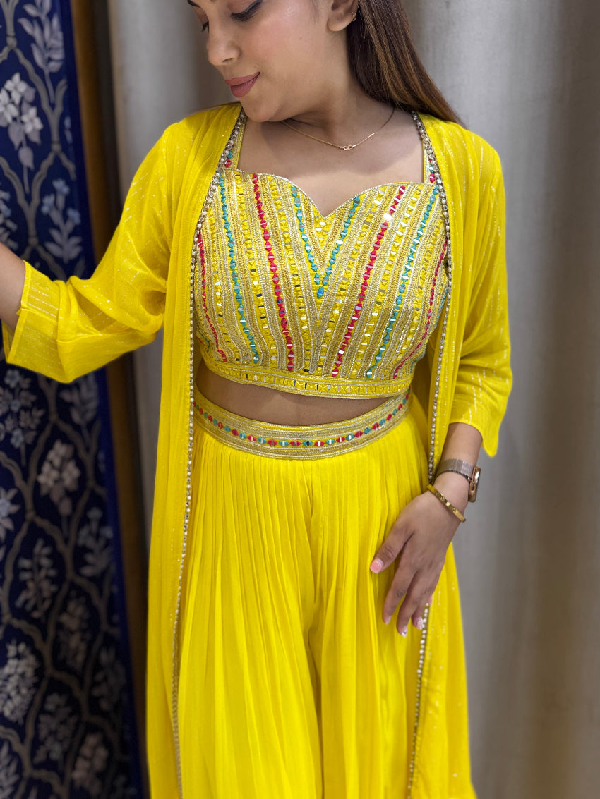 Yellow Indo Western dress with embroidered bustier