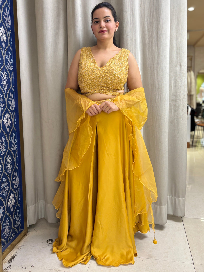 Yellow Indo Western with flared palazzo and heavy embroidered blouse
