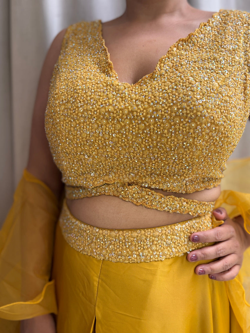 Yellow Indo Western with flared palazzo and heavy embroidered blouse