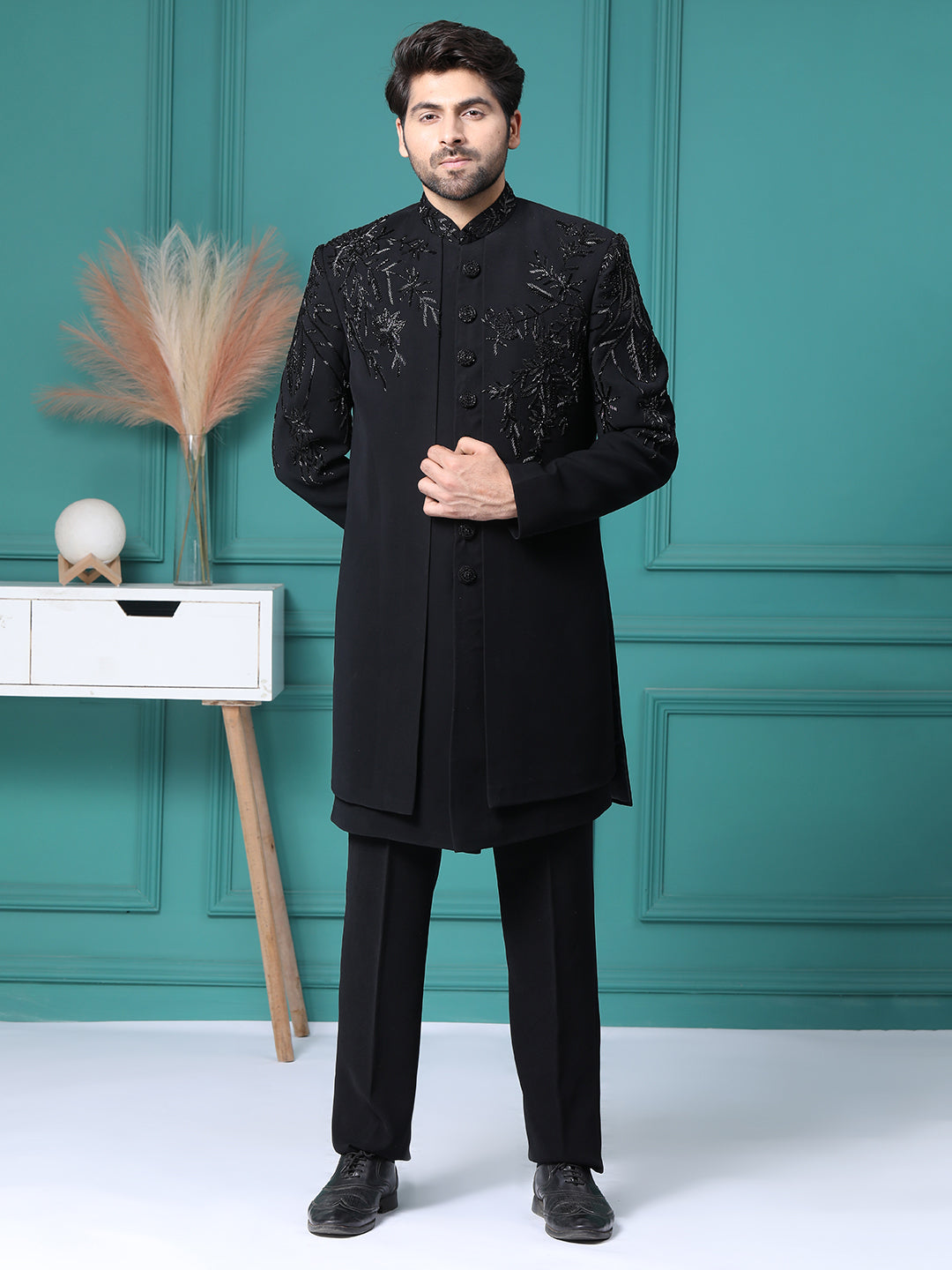 Z Black Handwork Embellished Front Open Mens Indo Werstern with Same Pant
