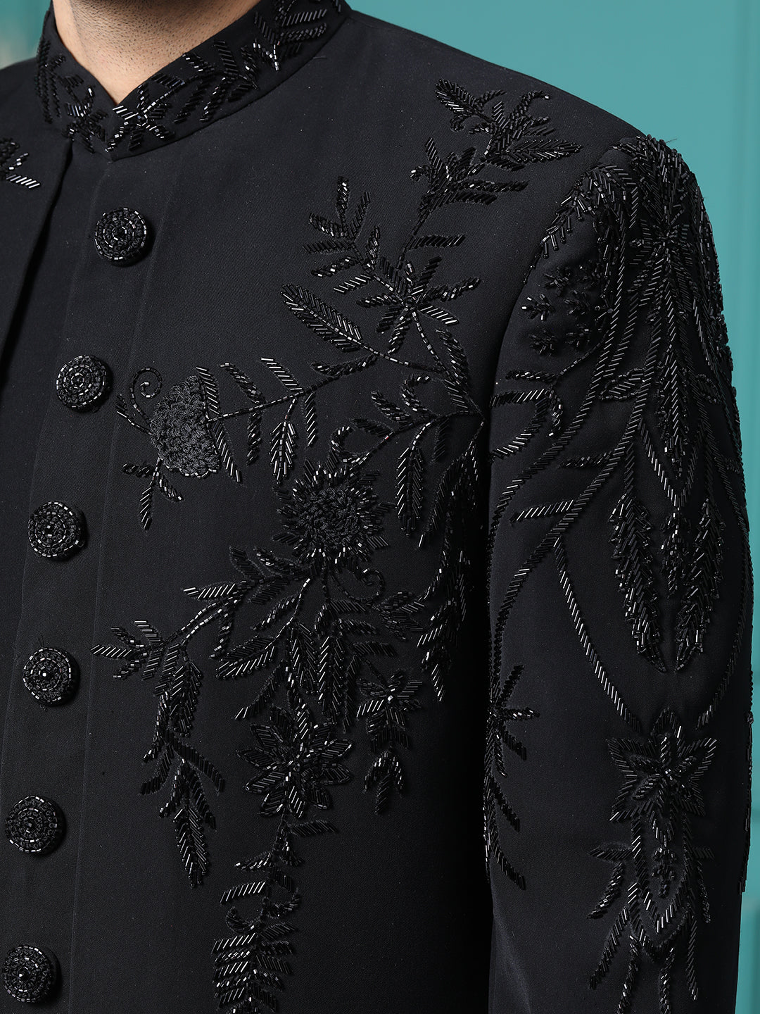 Z Black Handwork Embellished Front Open Mens Indo Werstern with Same Pant