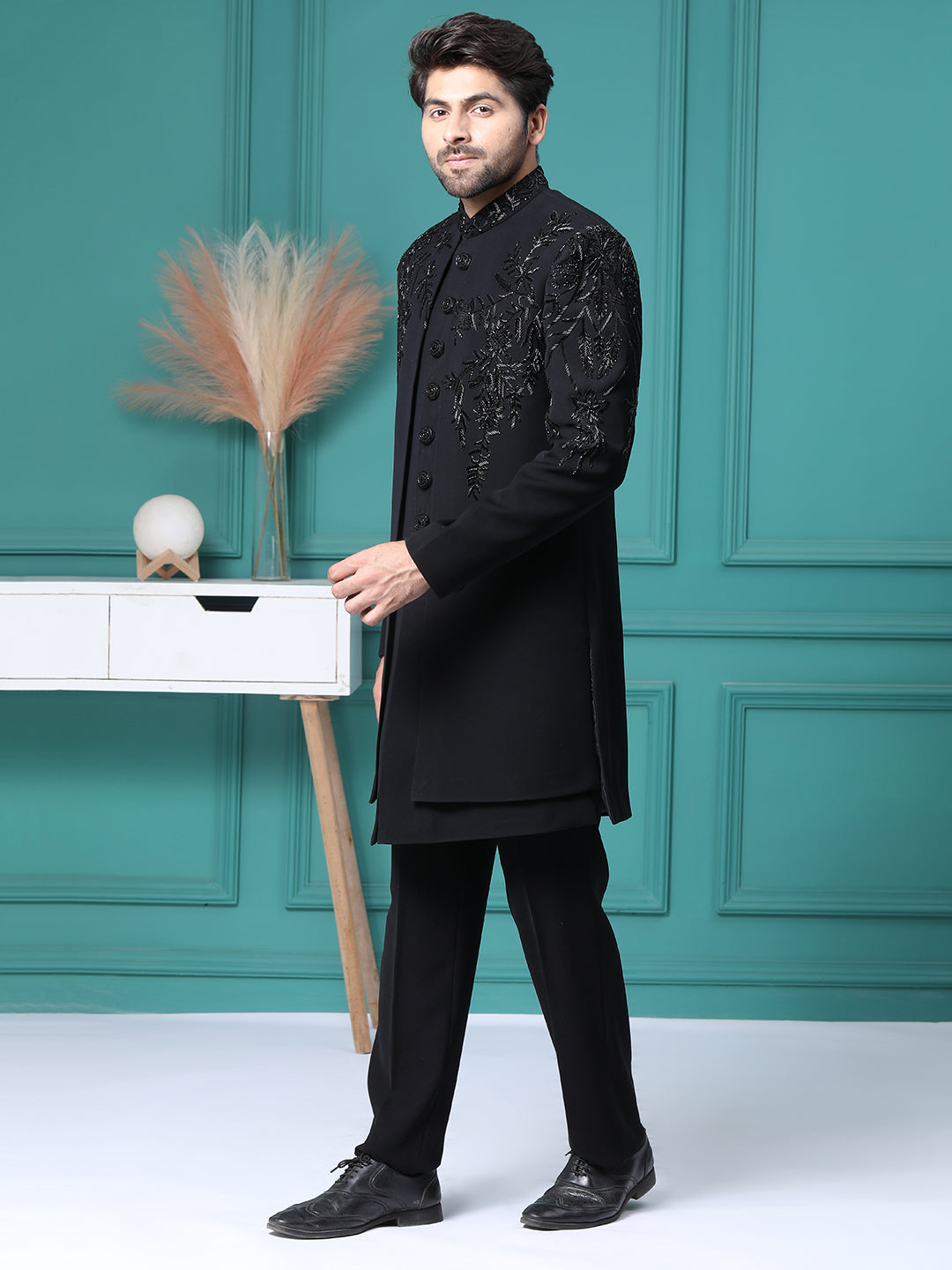Z Black Handwork Embellished Front Open Mens Indo Werstern with Same Pant