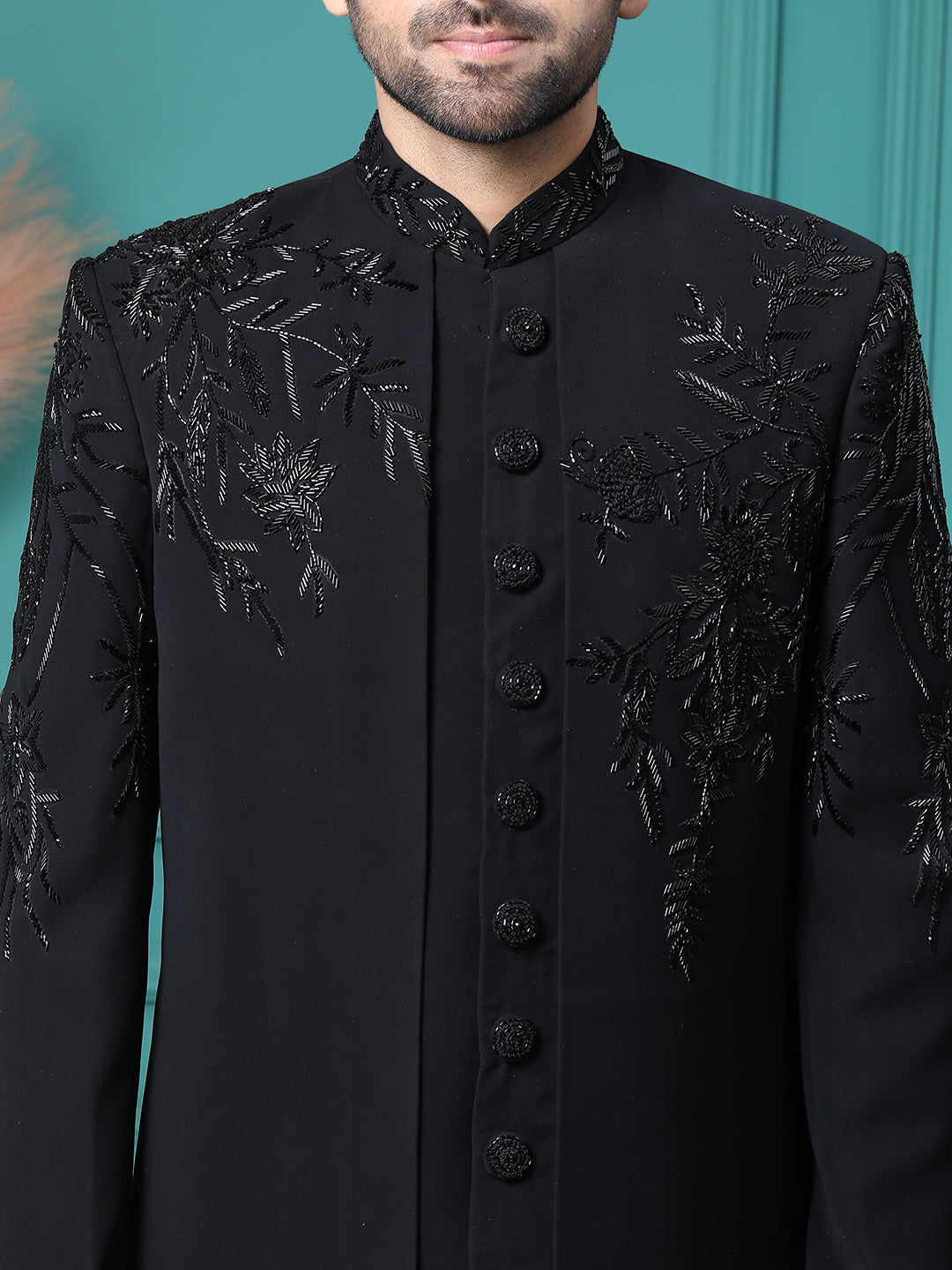Z Black Handwork Embellished Front Open Mens Indo Werstern with Same Pant