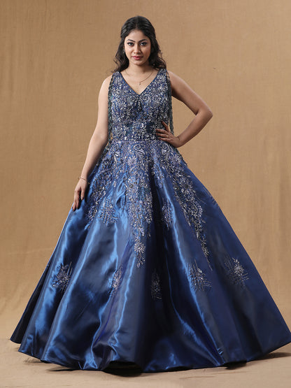 Teal Blue Organja Handwork Ball Gown
