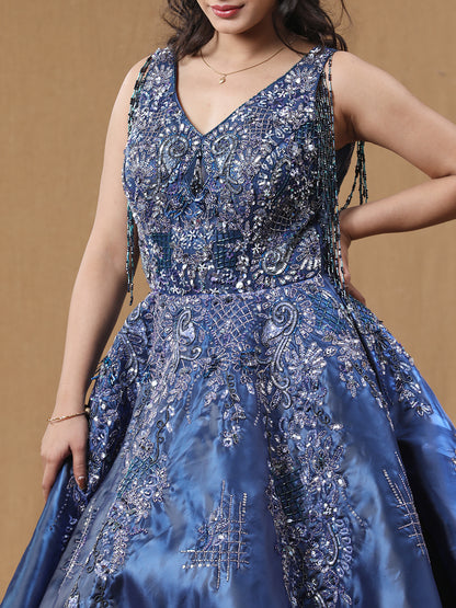 Teal Blue Organja Handwork Ball Gown