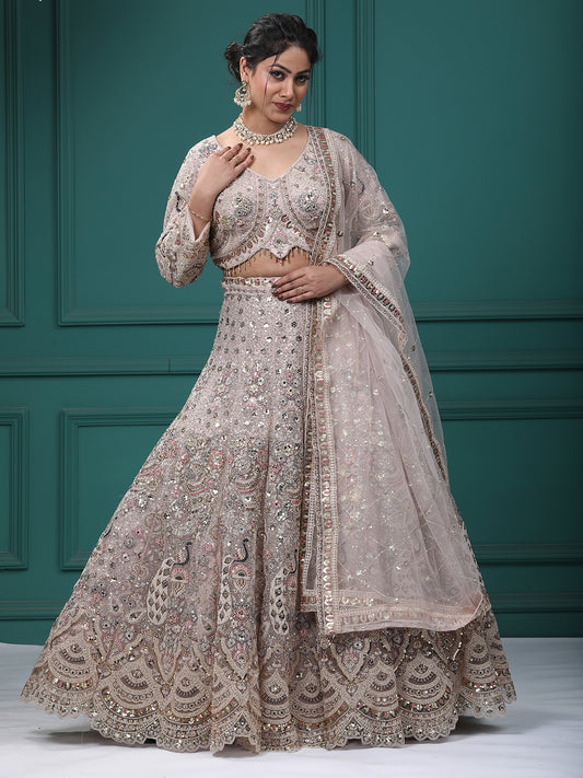 Golden Peach Net Resham Pearl Peacock Style Lehenga Choli