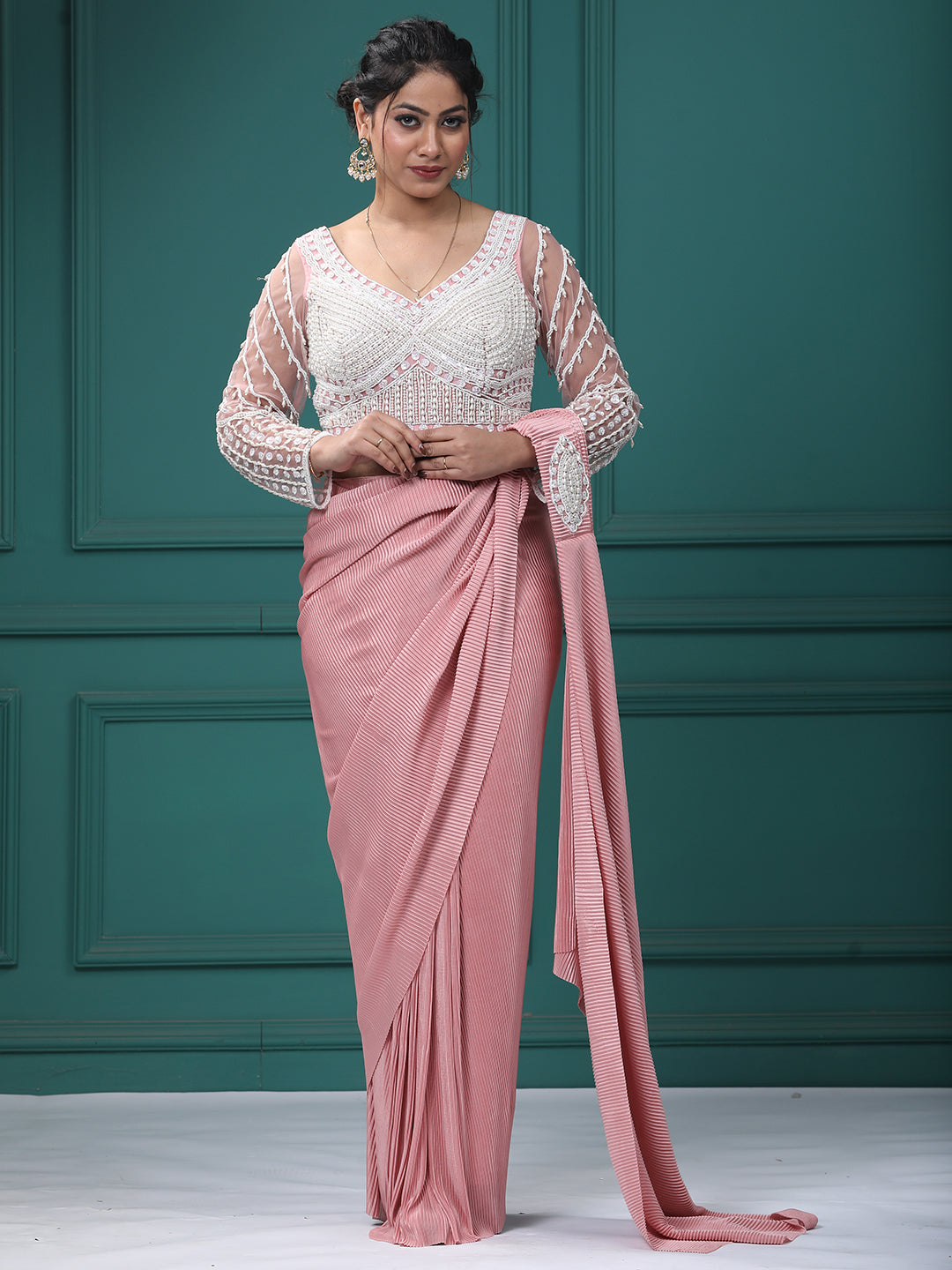 Baby Pink Crepe Pearl Handwork Drepe Saree