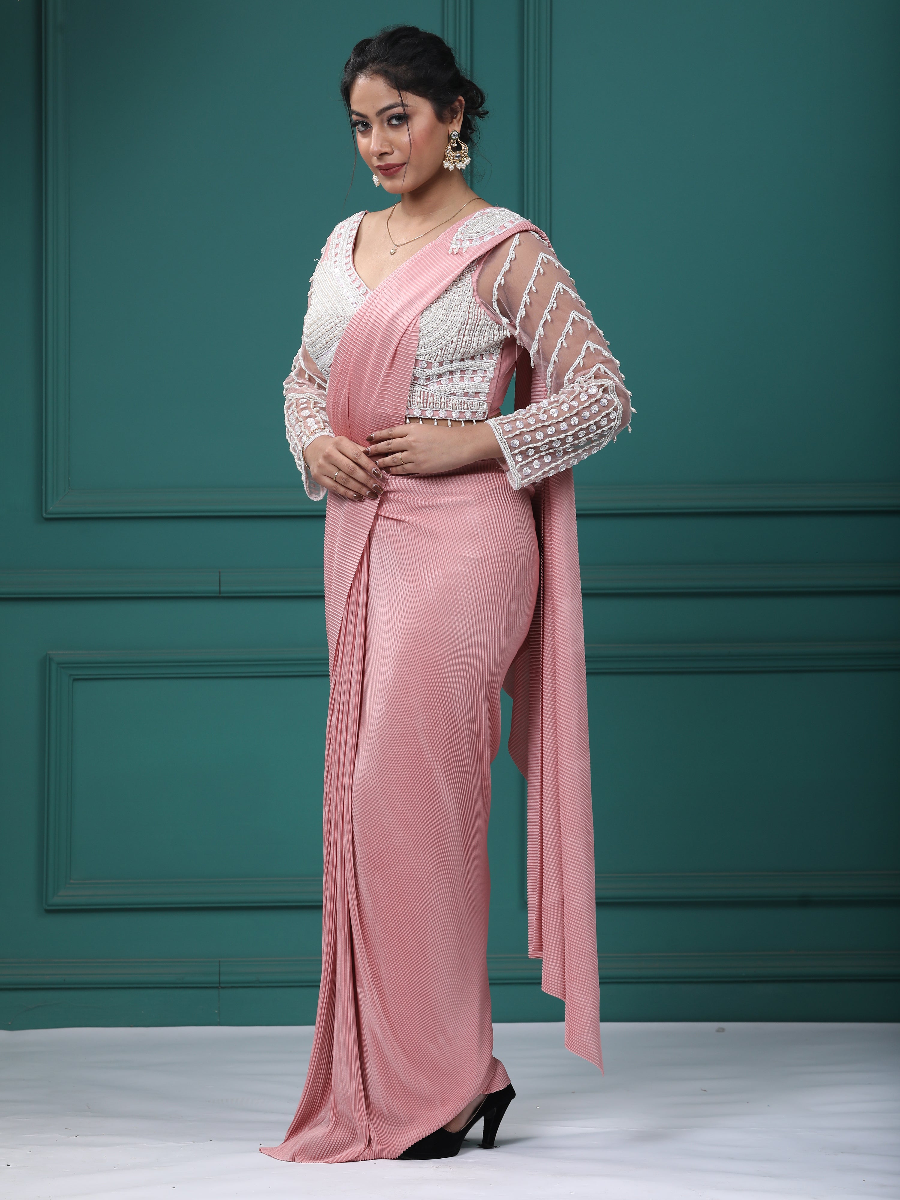 Baby Pink Crepe Pearl Handwork Drepe Saree