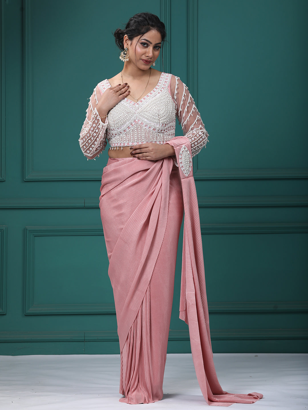 Baby Pink Crepe Pearl Handwork Drepe Saree