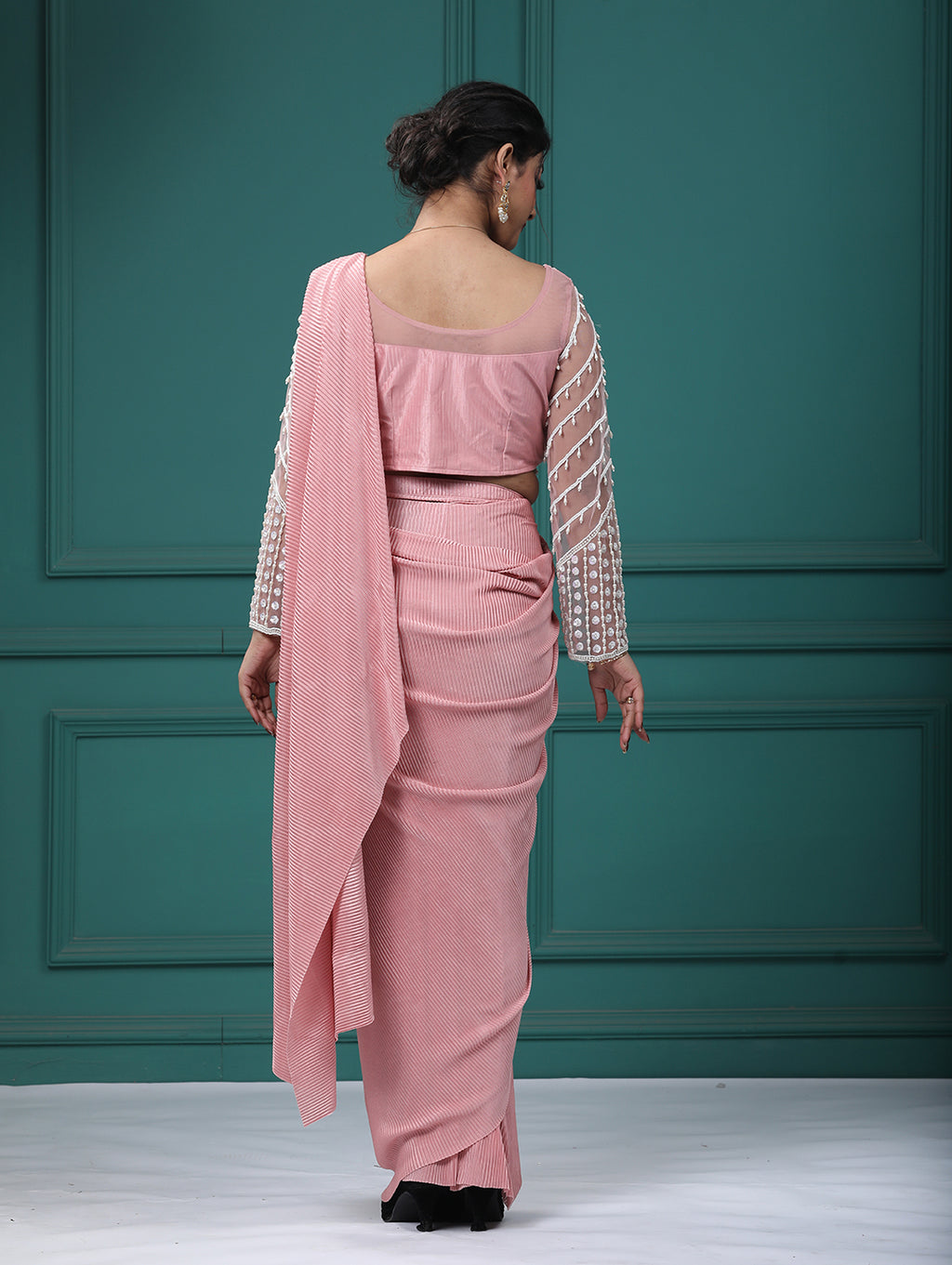 Baby Pink Crepe Pearl Handwork Drepe Saree