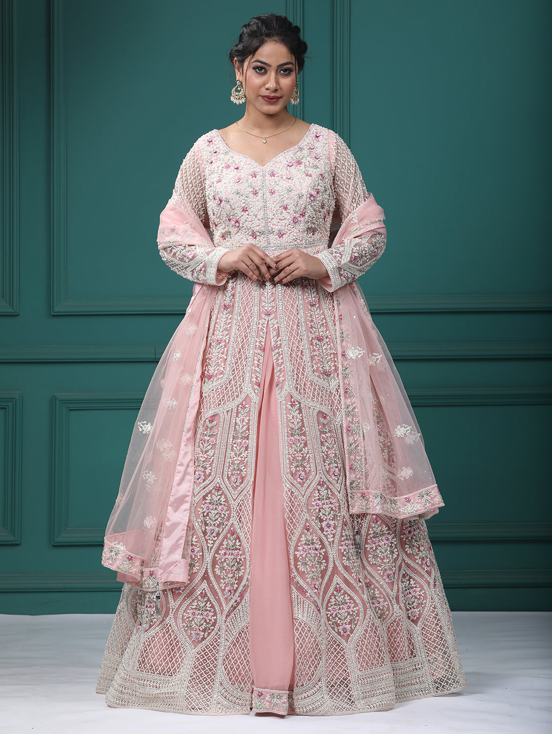 Baby Pink Georgette & Net Resham Pearl Front Open Indo Western Dress With Lehenga