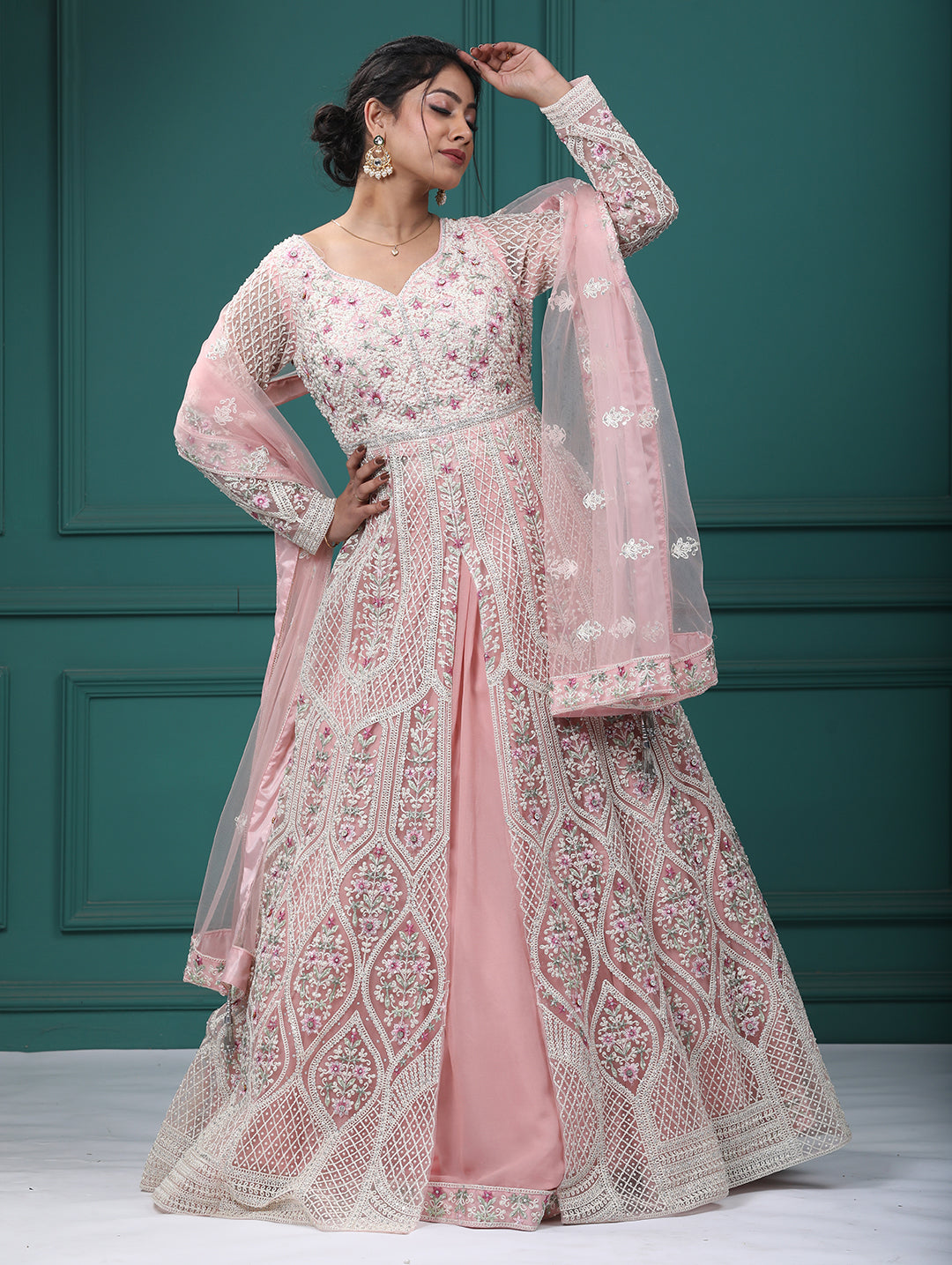 Baby Pink Georgette & Net Resham Pearl Front Open Indo Western Dress With Lehenga