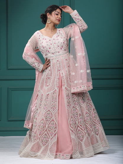 Baby Pink Georgette & Net Resham Pearl Front Open Indo Western Dress With Lehenga
