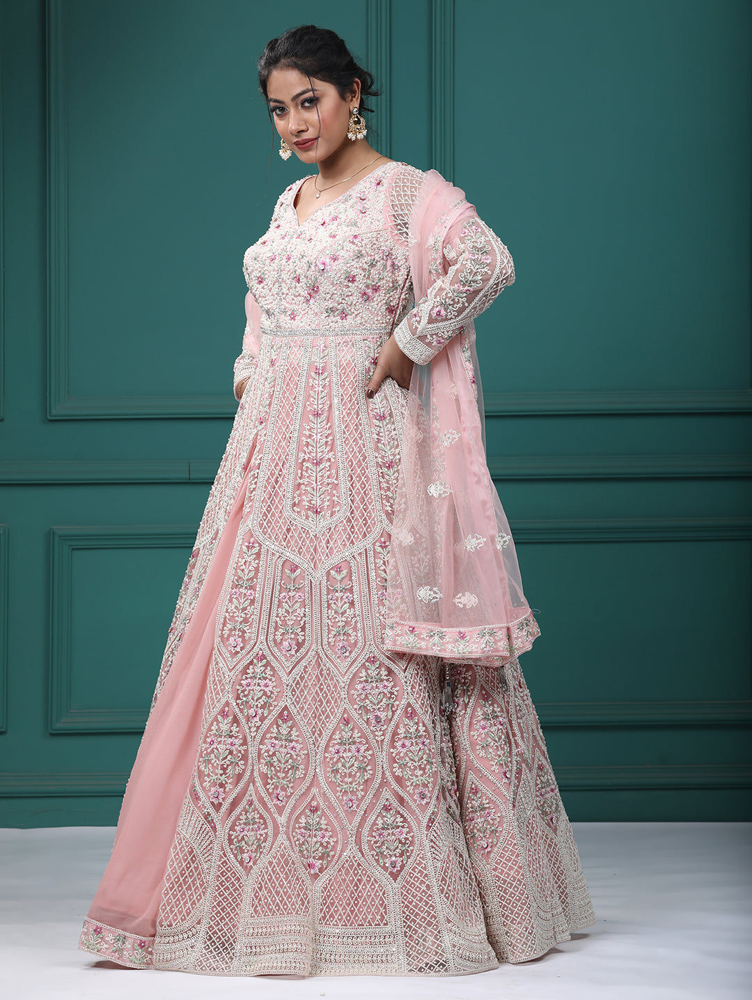 Baby Pink Georgette & Net Resham Pearl Front Open Indo Western Dress With Lehenga