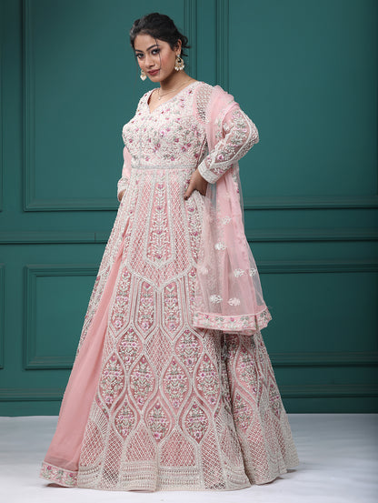 Baby Pink Georgette & Net Resham Pearl Front Open Indo Western Dress With Lehenga